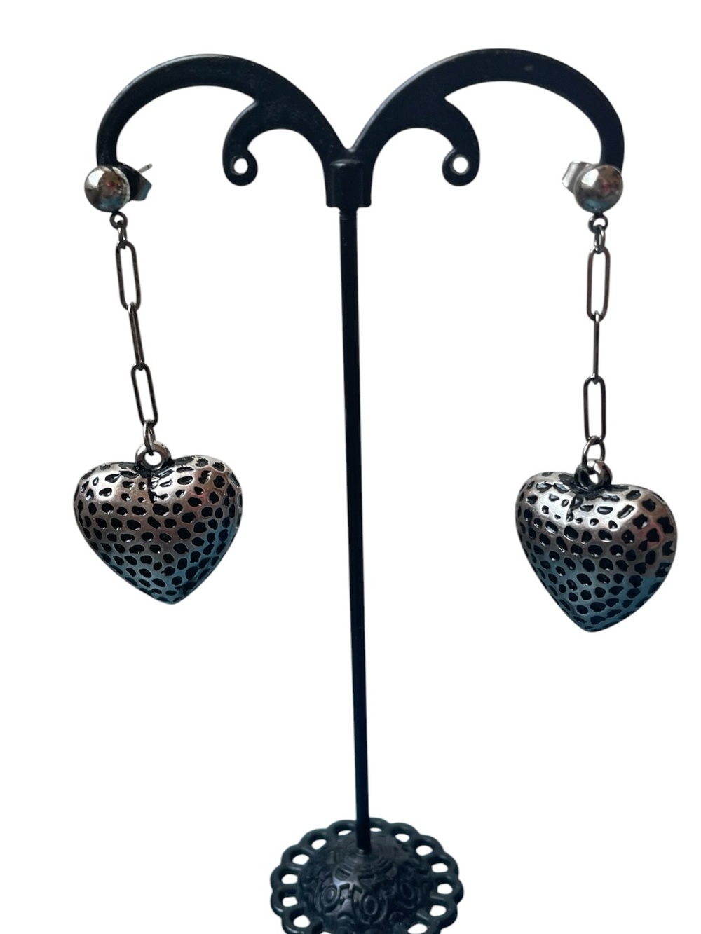 Textured Silver Puffed Heart Dangle Earrings Long Paperclip Chain Drop Post
